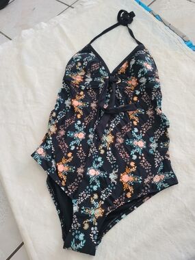 Women’s Black Floral One-Piece Swimsuit with Tie Front